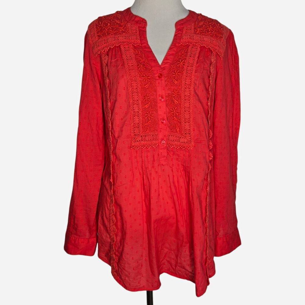 Anthropologie Womens Boho Tunic Top Crochet Lace Delicate Coral Popover Size 6